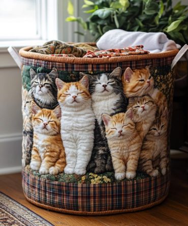 Cozy Whiskers Quilted Laundry Hamper — Cat Print Foldable Laundry Basket With Handles, Soft Decorative Storage For Pet Lovers