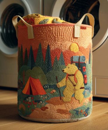Whimsical Cozy Bear Camp Quilted Hamper - Large Collapsible Laundry Basket For Nursery, Kids' Room & Cabin, Easy-Carry Handles