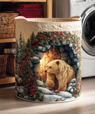Cozy Bear Haven Quilted Laundry Hamper — Soft Quilted Fabric Basket With Bear Accent, Collapsible Large Hamper For Nursery, Bedroom & Small Spaces