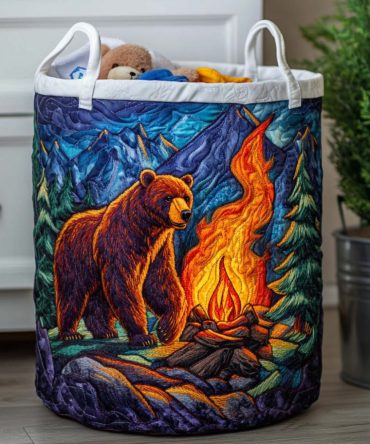 Cozy Bear Nest Quilted Laundry Hamper — Soft Fabric Basket, Large Collapsible Washable Hamper With Handles For Kids & Nursery Storage