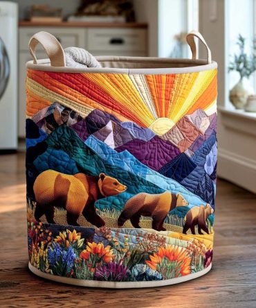Cozy Bear Quilted Laundry Hamper - Snuggly Forest-Themed Fabric Basket, Foldable Storage With Reinforced Handles For Everyday Use