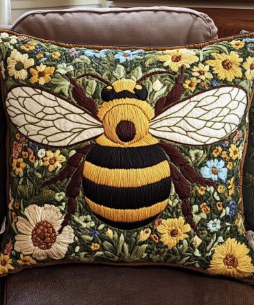 Cozy Bee Buzz Quilted Pillow Cover — Warm Bee & Floral Throw Pillowcase For Comfortable, Inviting Home Accents