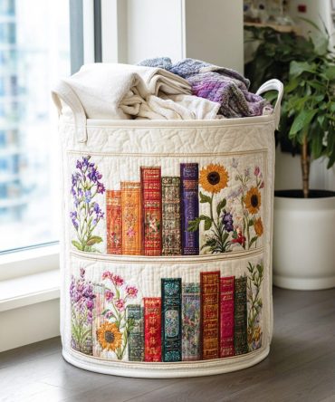Cozy Book Haven Quilted Hamper — Literary Print Fabric Laundry Basket, Foldable Decorative Storage With Handles For Readers & Dorms