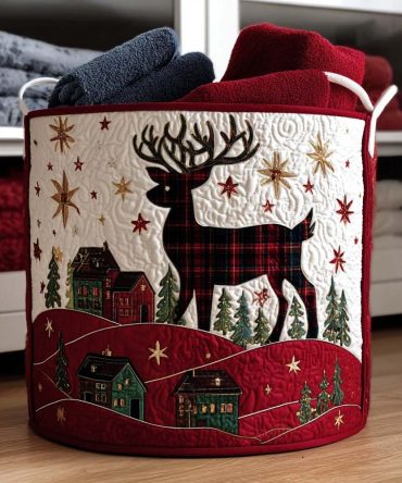 Cozy Cabin Reindeer Quilted Laundry Hamper — Rustic Foldable Fabric Basket, Lightweight Storage With Handles For Home & Holiday Decor