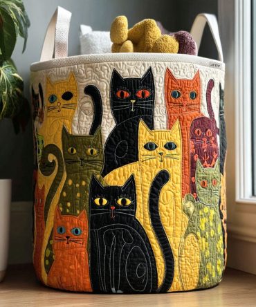 Cozy Cat Carnival Quilted Foldable Laundry Basket — Large Collapsible Hamper With Plush Cat Print & Sturdy Handles