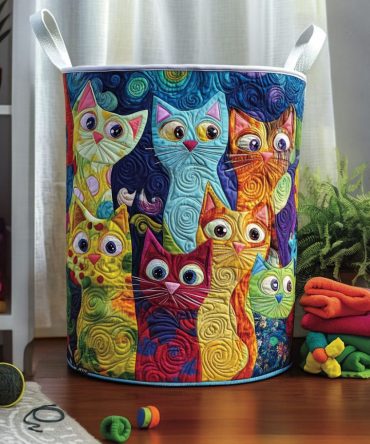 Cozy Cat Colony Quilted Laundry Hamper — Cute Cat Pattern Collapsible Fabric Basket With Reinforced Handles, Durable Quilting & Easy-Care Cover