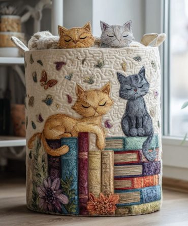 Cozy Cat Crew Quilted Laundry Hamper - Trendy Cat Pattern Foldable Fabric Basket With Strong Handles, Decorative Organizer For Living Spaces
