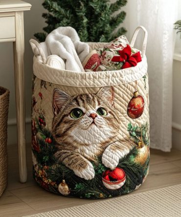 Cozy Cat Meadow Quilted Laundry Hamper — Floral Cat Design Foldable Laundry Basket For Stylish, Pet-Friendly Storage