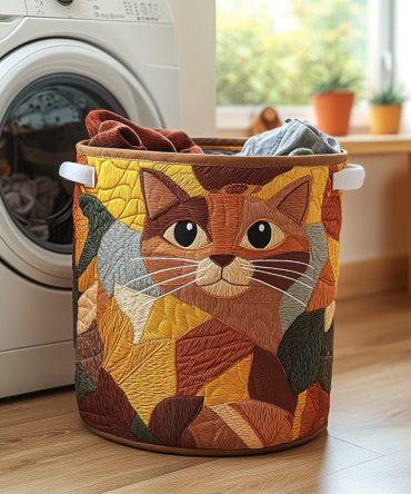 Cozy Cat Quilted Laundry Hamper — Cute Cat Print Fabric Basket, Collapsible & Washable Laundry Storage For Pet Lovers