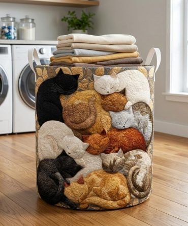 Cozy Catpile Quilted Laundry Hamper — Plush Cat Pile Quilted Fabric Storage Basket With Foldable Frame & Durable Handles For Everyday Use