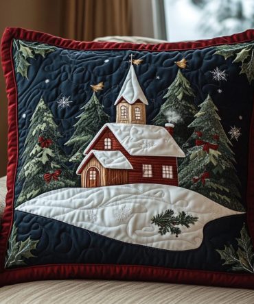 Cozy Chapel Quilted Pillow Cover — Charming Church-Themed Christmas Throw Pillowcase For Warm Seasonal Styling