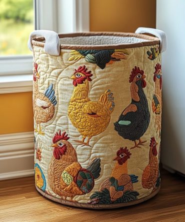 Cozy Chicken Quilted Laundry Hamper - Country Chicken Coop Print, Foldable Quilted Storage Basket, Durable Cotton Exterior, Home Organizer