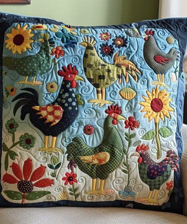 Cozy Cluckers Quilted Pillow Cover — Charming Chicken Pattern Farmhouse Throw Pillowcase, Soft Quilting, Hidden Zipper