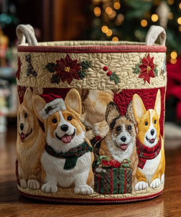 Cozy Corgi Holiday Storage Hamper — Quilted Foldable Laundry Basket For Seasonal Decor, Durable Handles & Easy Storage For Gifts Or Linens