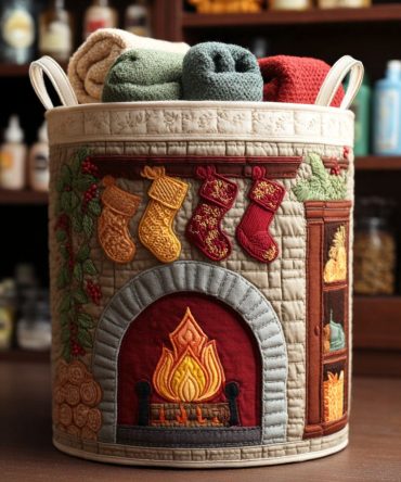 Cozy Fireplace Quilted Laundry Hamper - Rustic Holiday Washable Fabric Basket For Blankets, Clothes & Seasonal Storage