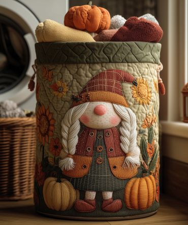 Cozy Quilted Laundry Hamper — Cozy Gnome Design, Foldable Soft Fabric Basket With Easy-Carry Handles For Home