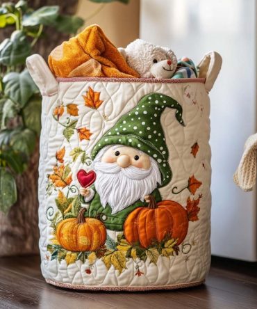 Cozy Gnome Time Quilted Laundry Hamper – Heartwarming Gnome-Themed Laundry Basket, Large Decorative Foldable Hamper With Sturdy Handles