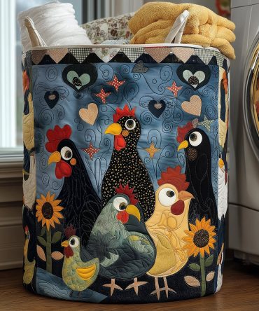 Cozy Hens Quilted Laundry Hamper – Warm Farmhouse Hen Print Foldable Laundry Basket, Quilted Decorative Storage Bin