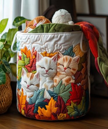 Cozy Kitty Quilted Laundry Hamper — Soft Cat-Print Fabric Basket With Handles, Collapsible Charming Hamper For Bedrooms & Nurseries