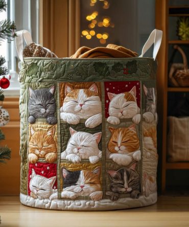 Cozy Kitty Quilted Laundry Hamper — Cute Cat-Print Fabric Laundry Basket, Spacious Collapsible Organizer For Cat Lovers