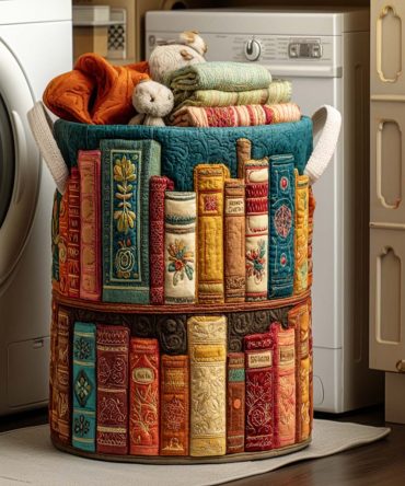 Cozy Library Quilted Laundry Hamper — Warm Bookish Print Fabric Basket, Collapsible Home Storage For Bedroom & Study