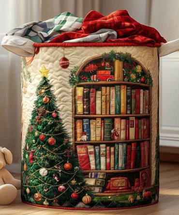 Cozy Library Quilted Laundry Hamper — Warm Bookish Pattern Foldable Fabric Basket, Decorative Washable Storage For Study, Bedroom & Nursery