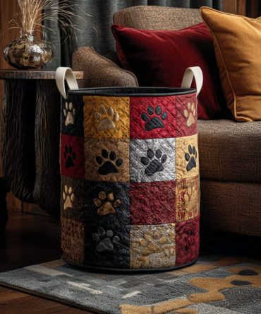Cozy Lodge Pawprint Quilted Laundry Hamper - Cabin Style Foldable Laundry Organizer With Reinforced Handles, Machine-Washable, Durable Everyday Use