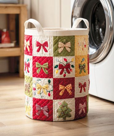 Cozy Noel Ribbon Quilted Laundry Hamper — Festive Holiday Print Collapsible Basket With Sturdy Handles For Seasonal Decor & Practical Storage
