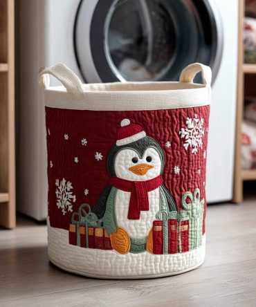 Cozy Penguin Trail Quilted Laundry Hamper - Cute Penguin Winter Print Foldable Fabric Storage Basket With Carry Handles For Kids