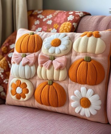 Cozy Pumpkin Patch Quilted Throw Pillow Cover — Autumn Harvest Decorative Pillowcase, Warm Textured Quilting, Machine-Washable