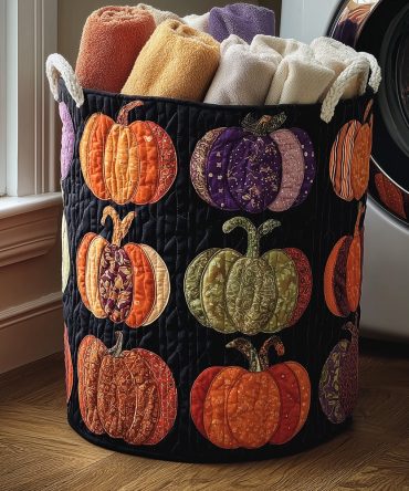 Cozy Pumpkins Quilted Laundry Hamper — Warm Autumn Laundry Basket, Durable Fabric Storage Bin, Portable & Machine-Washable