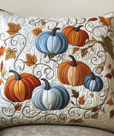 Cozy Pumpkins Quilted Pillow Cover — Harvest Throw Pillowcase For Fall Decor, Rustic Accent Sham For Couch, Porch & Dining Bench