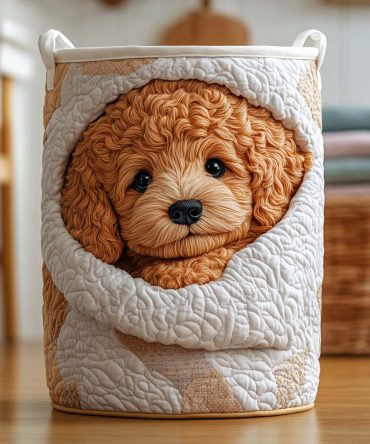 Cozy Pup Quilted Storage Hamper — Cute Dog Print Foldable Laundry Bin With Soft Quilted Exterior, Easy-Carry Handles & Lightweight Collapsible Design