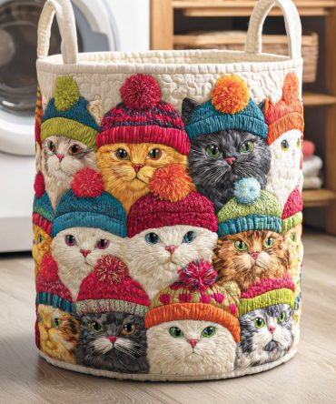 Cozy Purrland Quilted Laundry Hamper — Cute Cat-Themed Foldable Laundry Basket, Soft Washable Fabric, Perfect For Bedrooms, Nurseries & Gifts