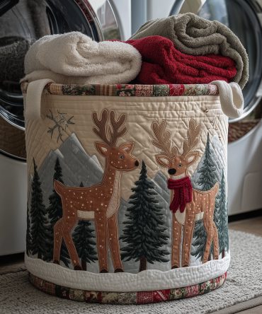 Cozy Reindeer Quilted Laundry Hamper — Soft Collapsible Fabric Basket With Handles, Warm Holiday Storage For Bedrooms, Nurseries & Living Areas