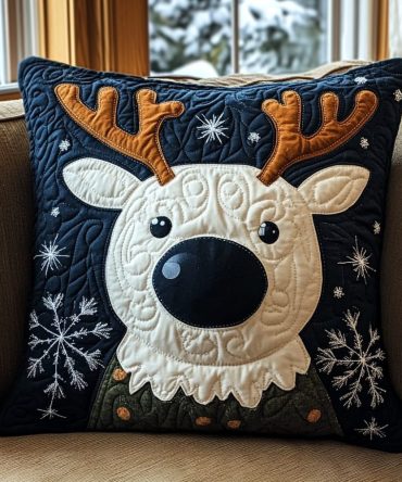 Cozy Reindeer Quilted Decorative Pillow Cover - Rustic Reindeer Winter Throw Pillowcase, Quilted Microfiber Accent For Seasonal & Lodge Decor