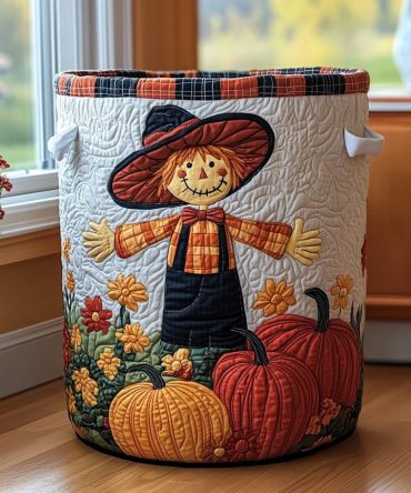 Cozy Scarecrow Quilted Laundry Basket — Autumn-Pattern Quilted Hamper With Reinforced Handles, Foldable Storage For Seasonal Decor & Everyday Use