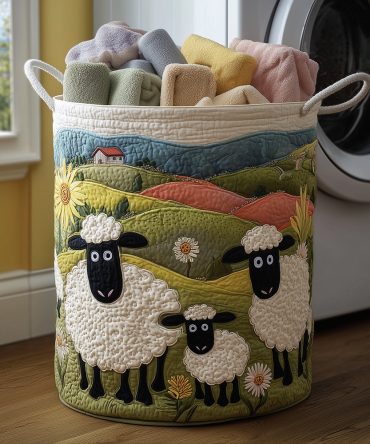 Cozy Sheep Quilted Hamper — Adorable Sheep Print Fabric Laundry Basket, Soft Collapsible Storage With Handles For Nursery & Kids