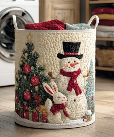 Cozy Snowman Scene Quilted Laundry Hamper - Warm Winter Snowman Print Foldable Fabric Storage Basket For Bedrooms & Nurseries