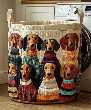 Cozy Sweater Dachshund Quilted Laundry Hamper - Playful Dog Pattern Fabric Basket, Foldable Padded Hamper With Handles For Stylish Storage