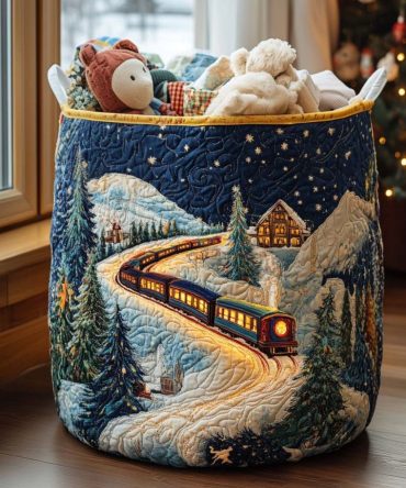 Cozy Train Quilted Laundry Hamper - Whimsical Decorative Fabric Basket With Handles , Kids' Room Organizer, Soft Quilting & Easy-Care Liner