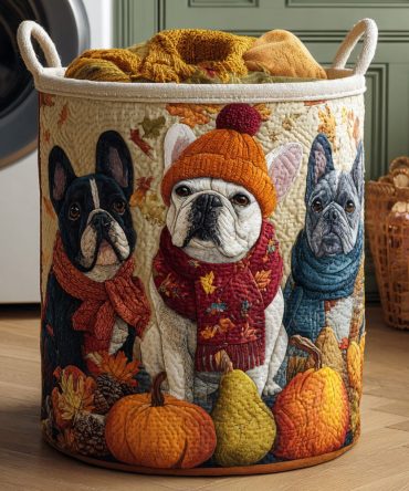 Cozy Trio Bulldog Quilted Laundry Hamper — Adorable Bulldog Print Quilted Laundry Basket, Collapsible With Comfortable Carry Handles