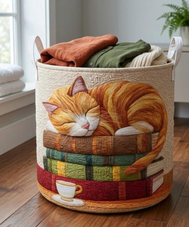 Cozy Whiskers Quilted Laundry Hamper — Adorable Cat Whisker Print Storage Basket, Large Washable Cotton, Collapsible & Reinforced Handles