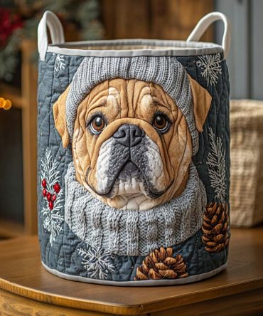 Cozy Winter Bulldog Quilted Laundry Hamper — Holiday Bulldog Print Fabric Basket, Collapsible Durable Laundry Organizer