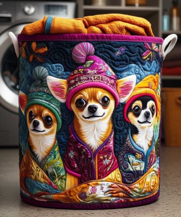 Cozy Winter Chihuahua Quilted Laundry Hamper – Seasonal Dog Print Fabric Storage Bin, Foldable Washable Hamper With Handles