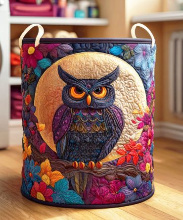 Crescent Owl Quilted Laundry Hamper - Moonlit Owl Design Foldable Fabric Basket, Stylish Storage For Bedroom & Nursery