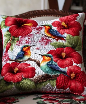 Crimson Blossom Pair Quilted Pillow Covers — Set Of 2 Scarlet Floral Quilted Cases, Decorative Matching Pillows For Romantic & Classic Interiors