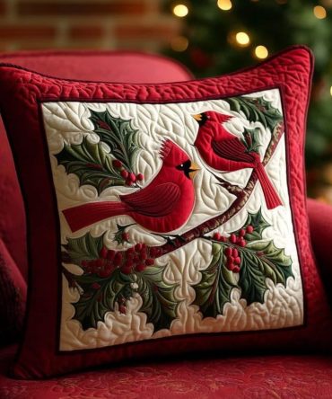 Crimson Cardinals Quilted Pillow Cover - Red Bird Cotton Throw Pillowcase For Holiday, Winter Porch & Nature Lover Home Accent