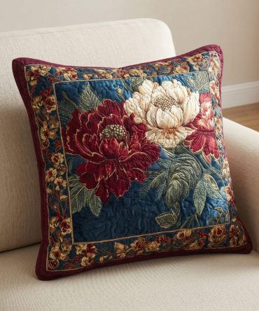 Crimson Bouquet Quilted Pillow Cover — Elegant Deep Red Floral Throw Pillowcase With Rich Quilting For Sophisticated Living Room & Bedroom Accents