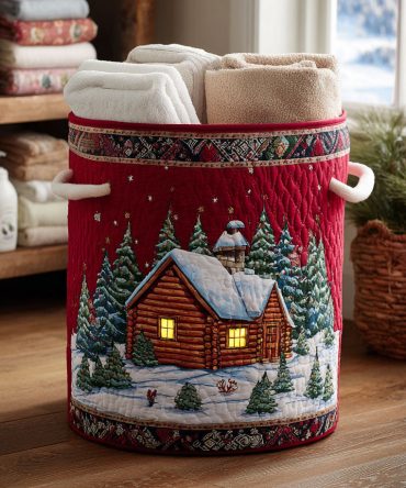 Cabin-Style Quilted Laundry Hamper - Crimson Cabin Pattern, Collapsible Fabric Laundry Basket, Machine Washable & Rugged Home Storage